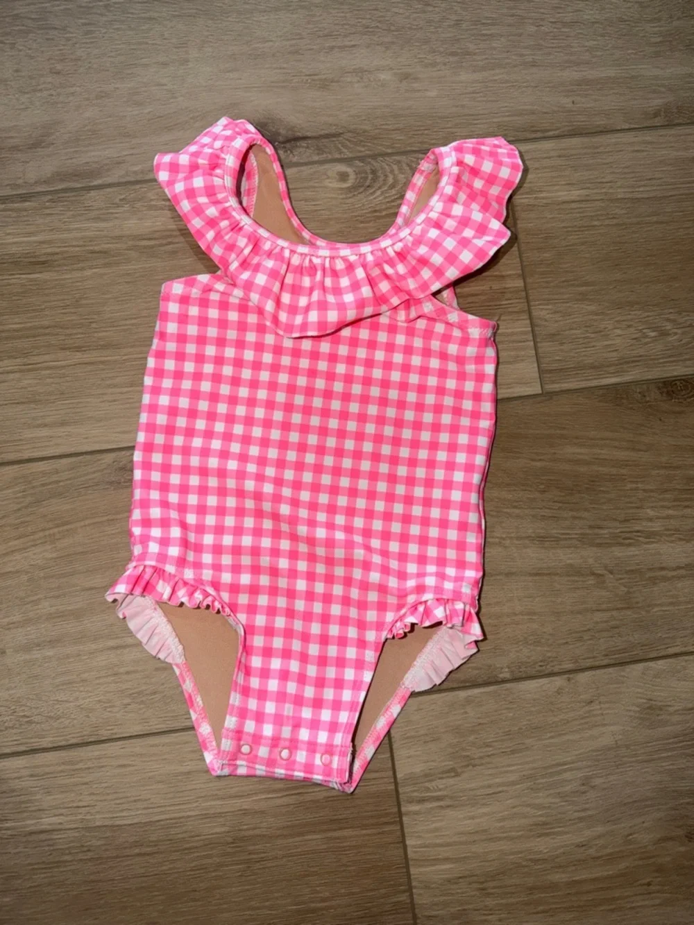 Old Navy Pink Gingham Ruffle One-Piece Swimsuit girls size 18-24 months NWOT